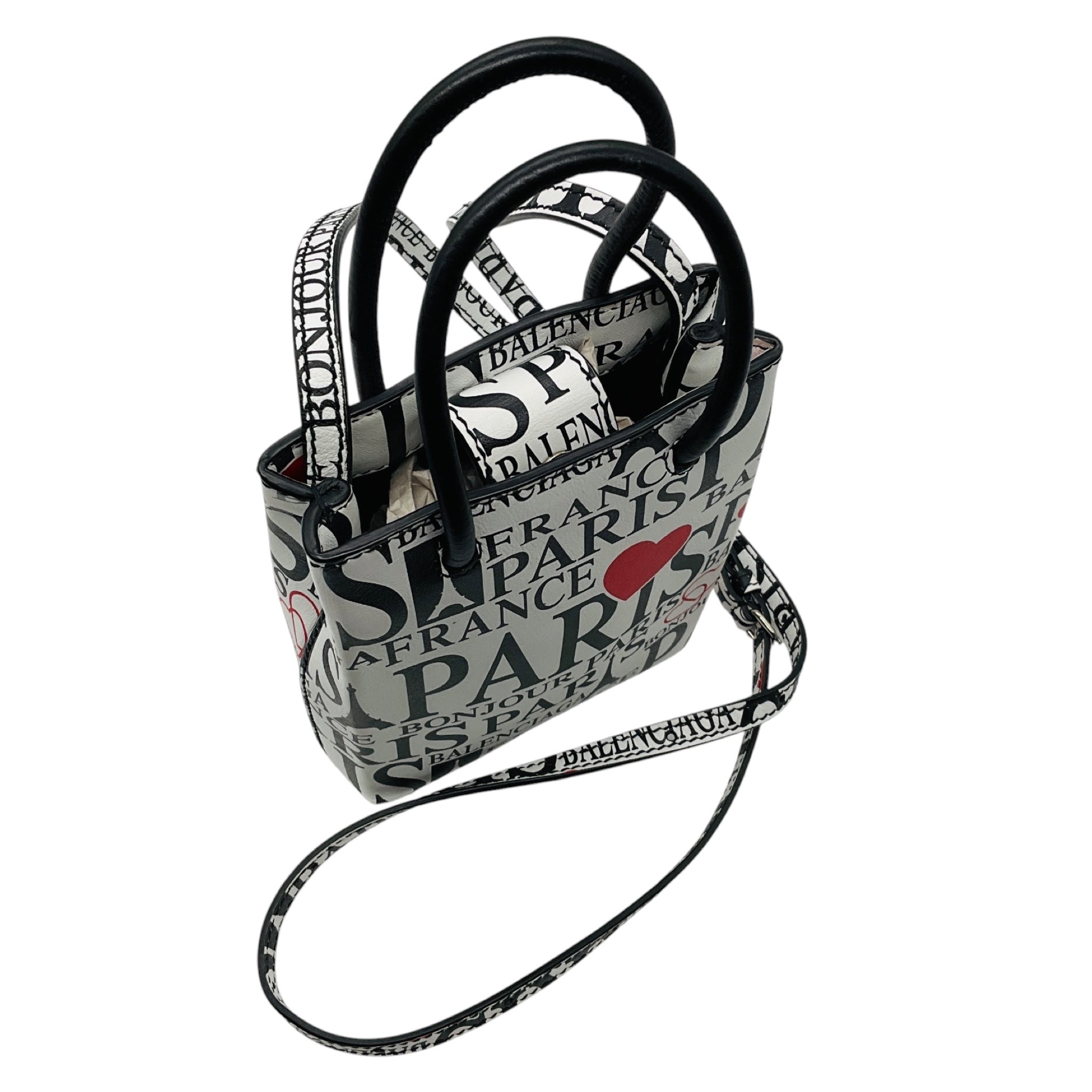 Balenciaga White / Black / Red Mini Calfskin Bonjour Paris Shopping Phone Holder Satchel Mini Bag