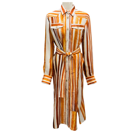 Golden Goose Deluxe Brand Orange Multi Striped Silk Dress with Belt