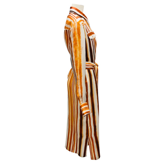 Golden Goose Deluxe Brand Orange Multi Striped Silk Dress with Belt