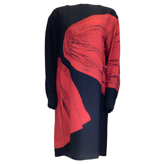 Dries van Noten Black / Red Embellished Printed Long Sleeved Crepe Midi Dress