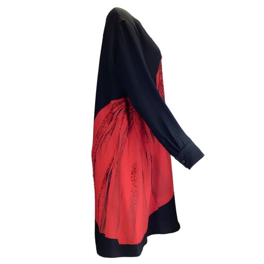 Dries van Noten Black / Red Embellished Printed Long Sleeved Crepe Midi Dress