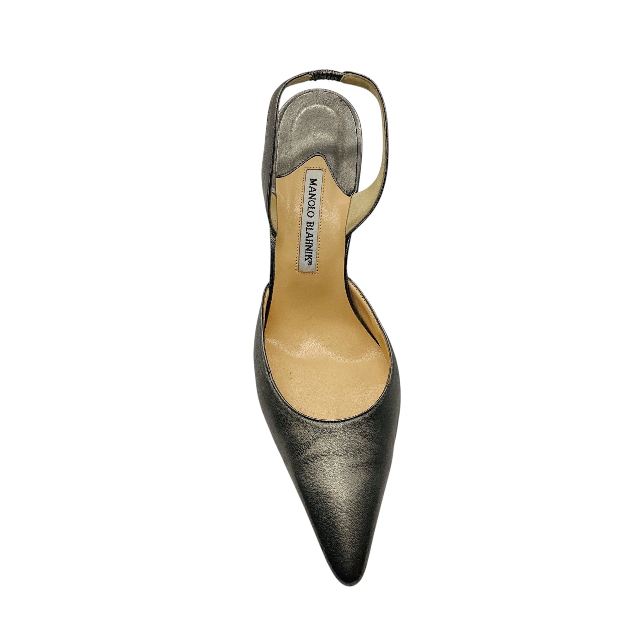 Manolo Blahnik Pewter Metallic Leather Pointed Toe Classic Slingback Pumps