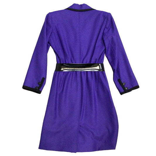 Saint Laurent Rive Gauche Vintage Purple / Black Trimmed Long Sleeved Patent Leather Belted Wool Dress