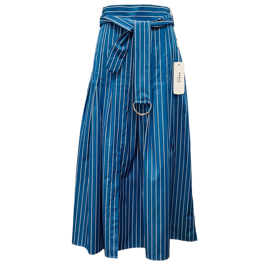 Akris Punto Medium Blue / Cream Striped Cotton Midi Skirt with Belt