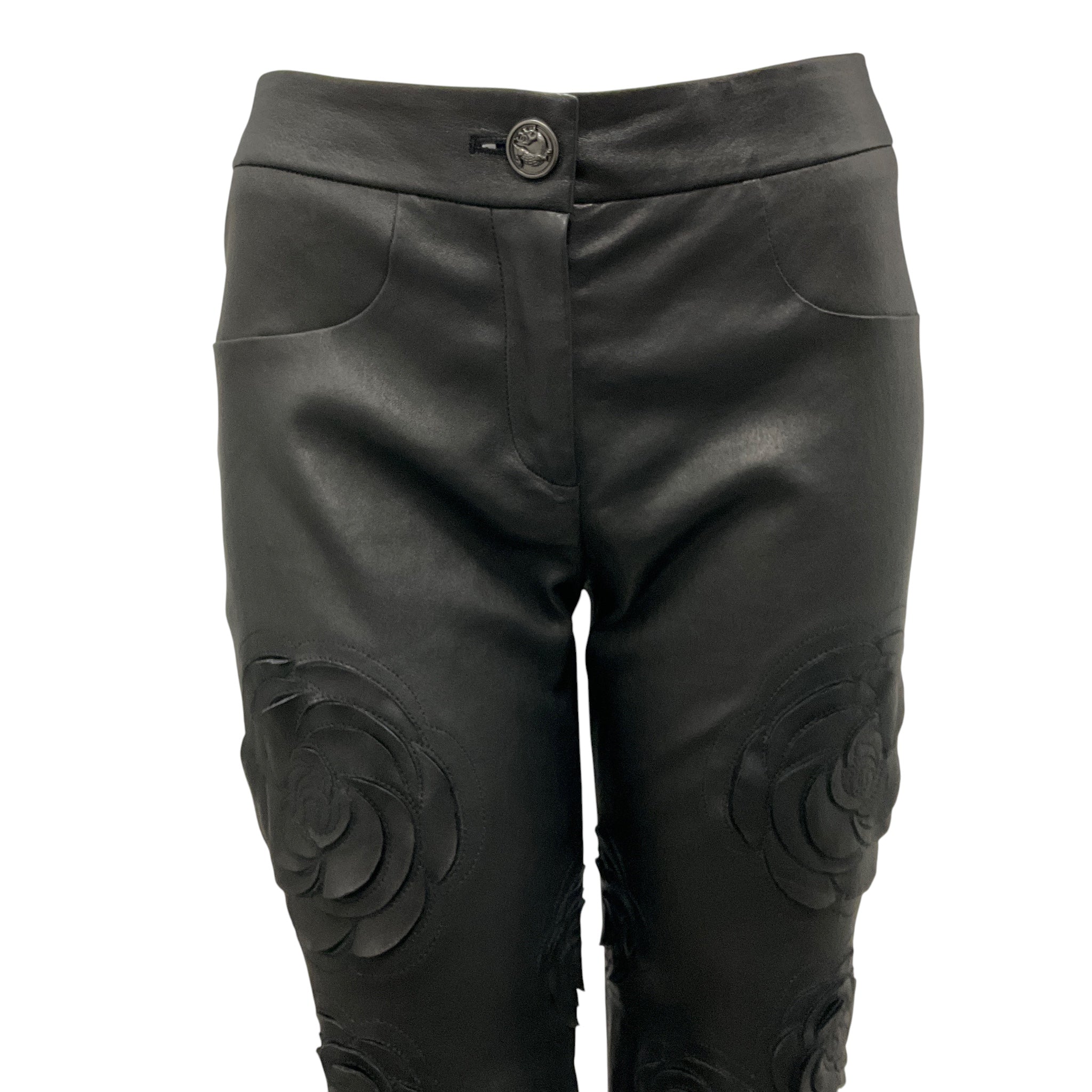 Chanel Black Fall Winter 2010 Camellia Stretch Lambskin Leather Pants