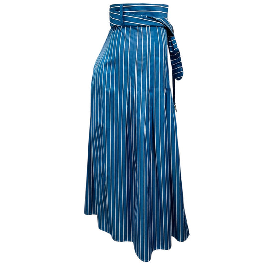 Akris Punto Medium Blue / Cream Striped Cotton Midi Skirt with Belt