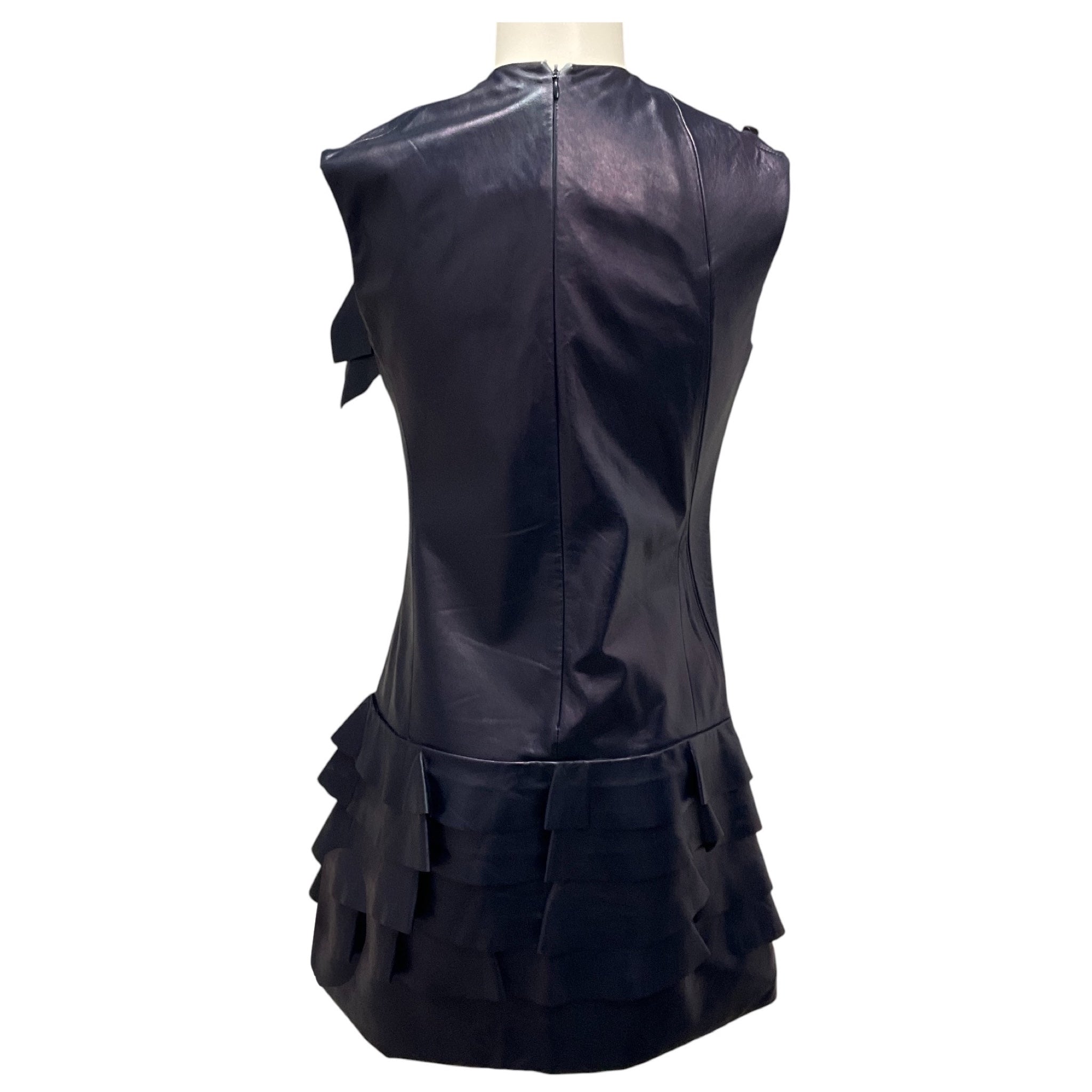 Louis Vuitton Navy Blue Ruffled Sleeveless Leather Mini Dress