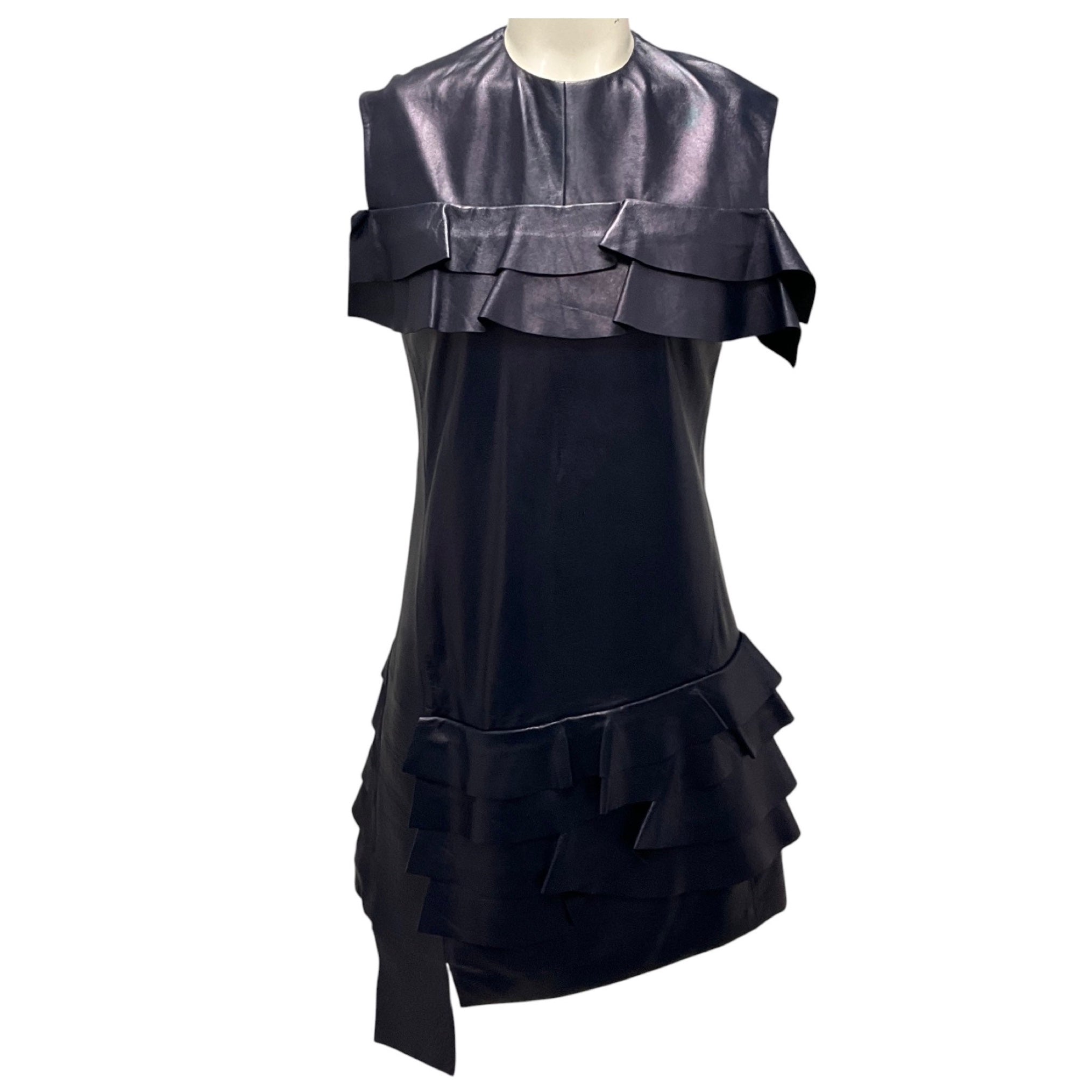 Louis Vuitton Navy Blue Ruffled Sleeveless Leather Mini Dress