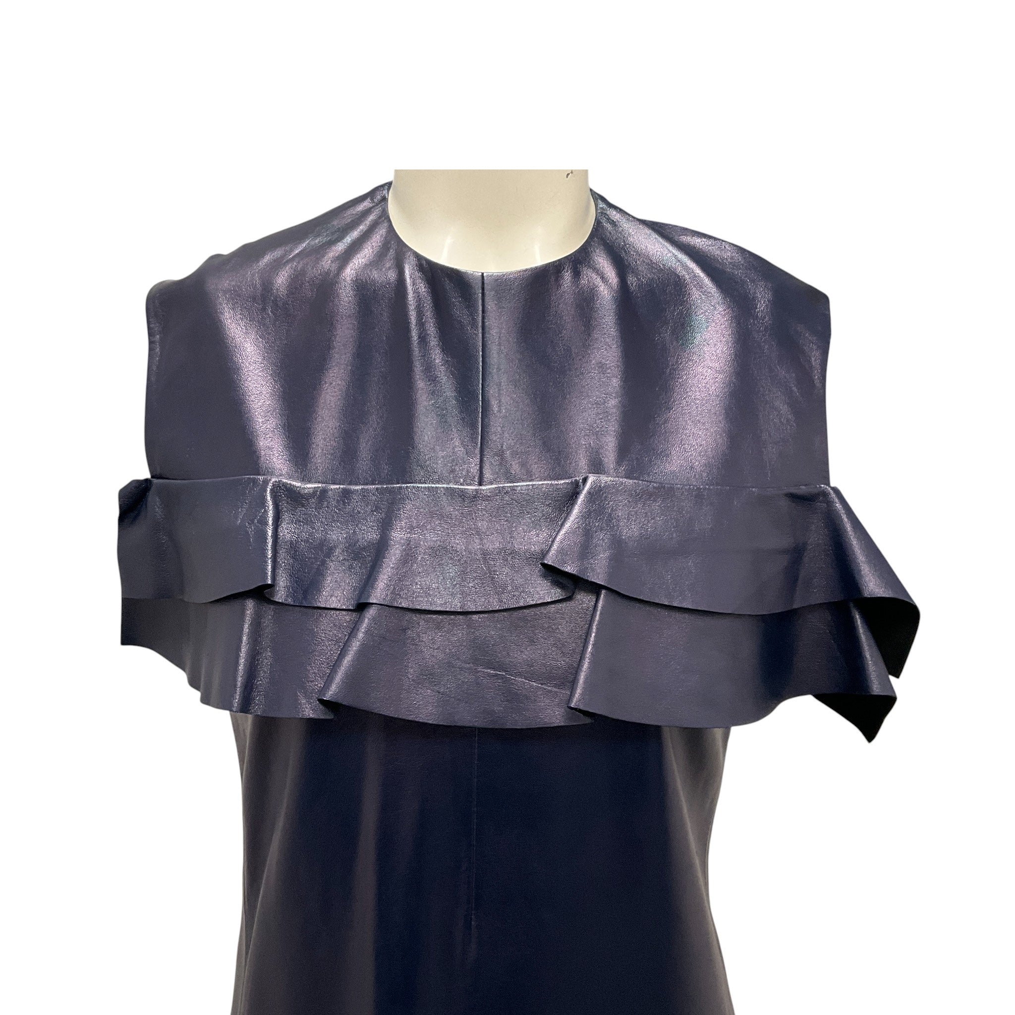 Louis Vuitton Navy Blue Ruffled Sleeveless Leather Mini Dress