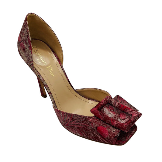 Christian Dior Raspberry Red Floral Jacquard Buckle Detail Open Toe Pumps