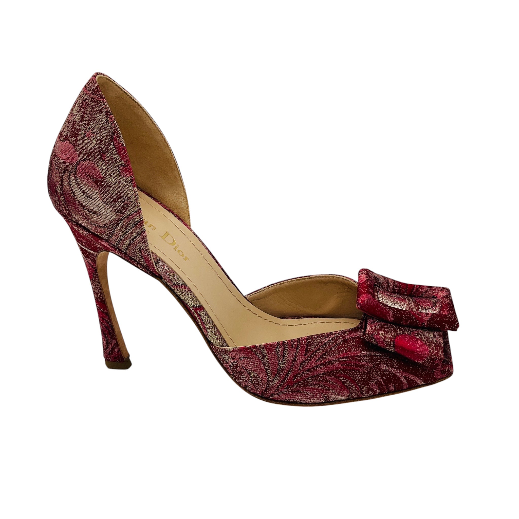 Christian Dior Raspberry Red Floral Jacquard Buckle Detail Open Toe Pumps