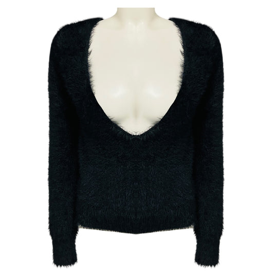 Dries Van Noten Black Long Sleeved V-Neck Fuzzy Sweater