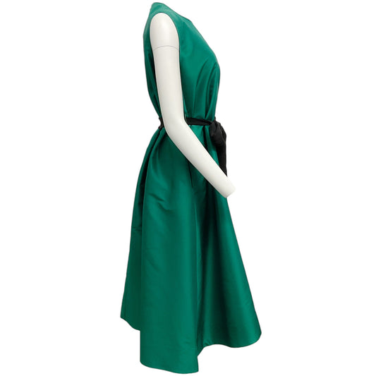 Mantu Green Silk Sleeveless Midi Dress with Black Tie Waist