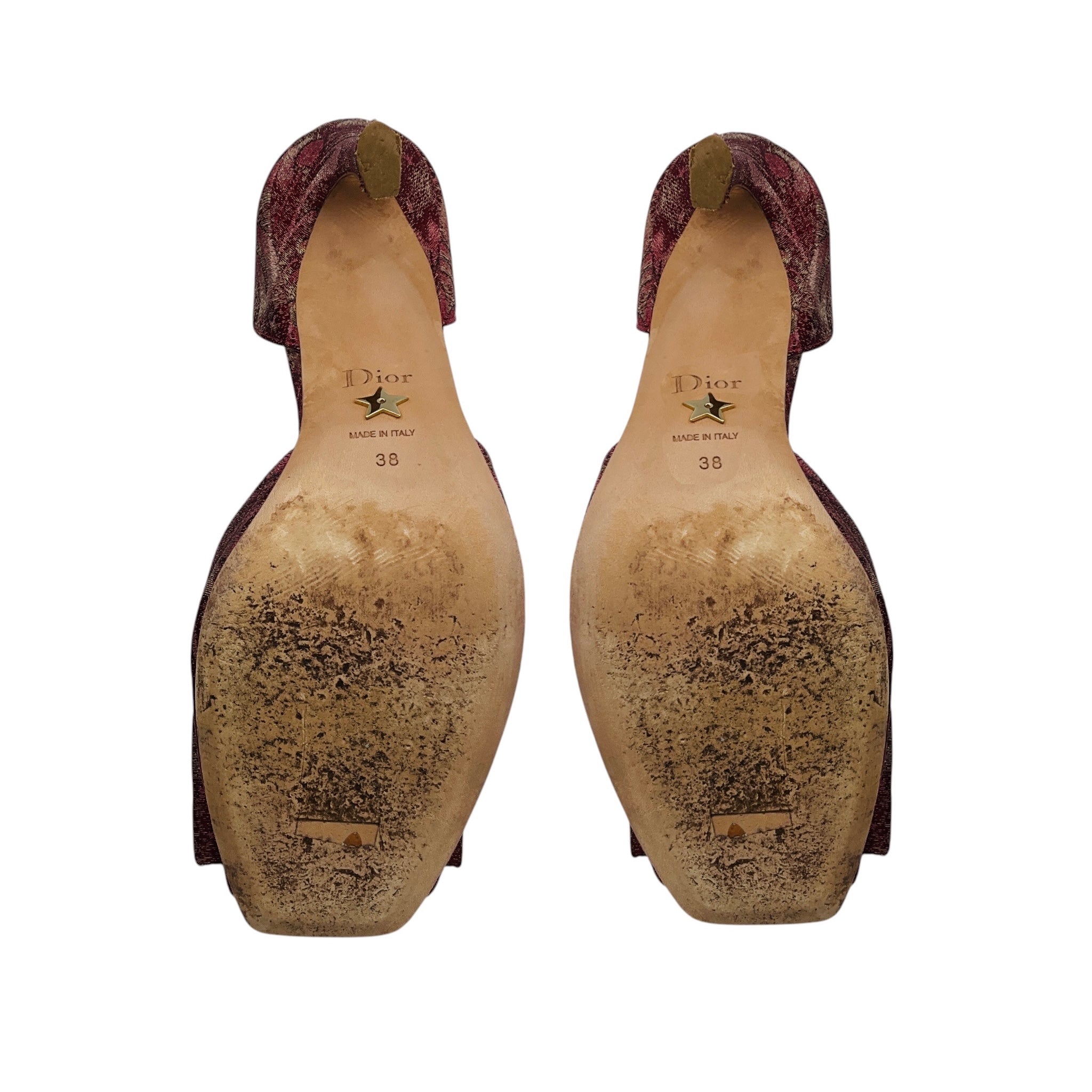Christian Dior Raspberry Red Floral Jacquard Buckle Detail Open Toe Pumps