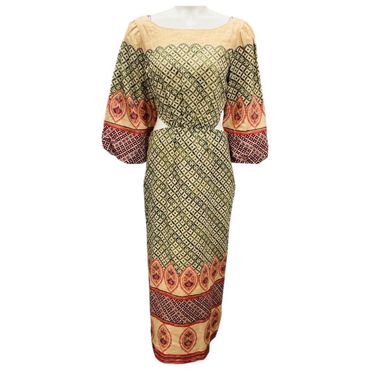 Saloni Tan Multi Cut Out Detail Printed Linen Midi Dress