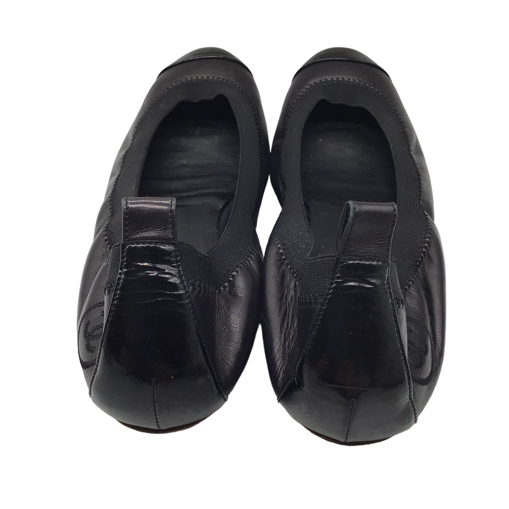 Chanel Black CC Logo Embossed Patent Leather Cap Toe Stretch Leather Ballet Flats