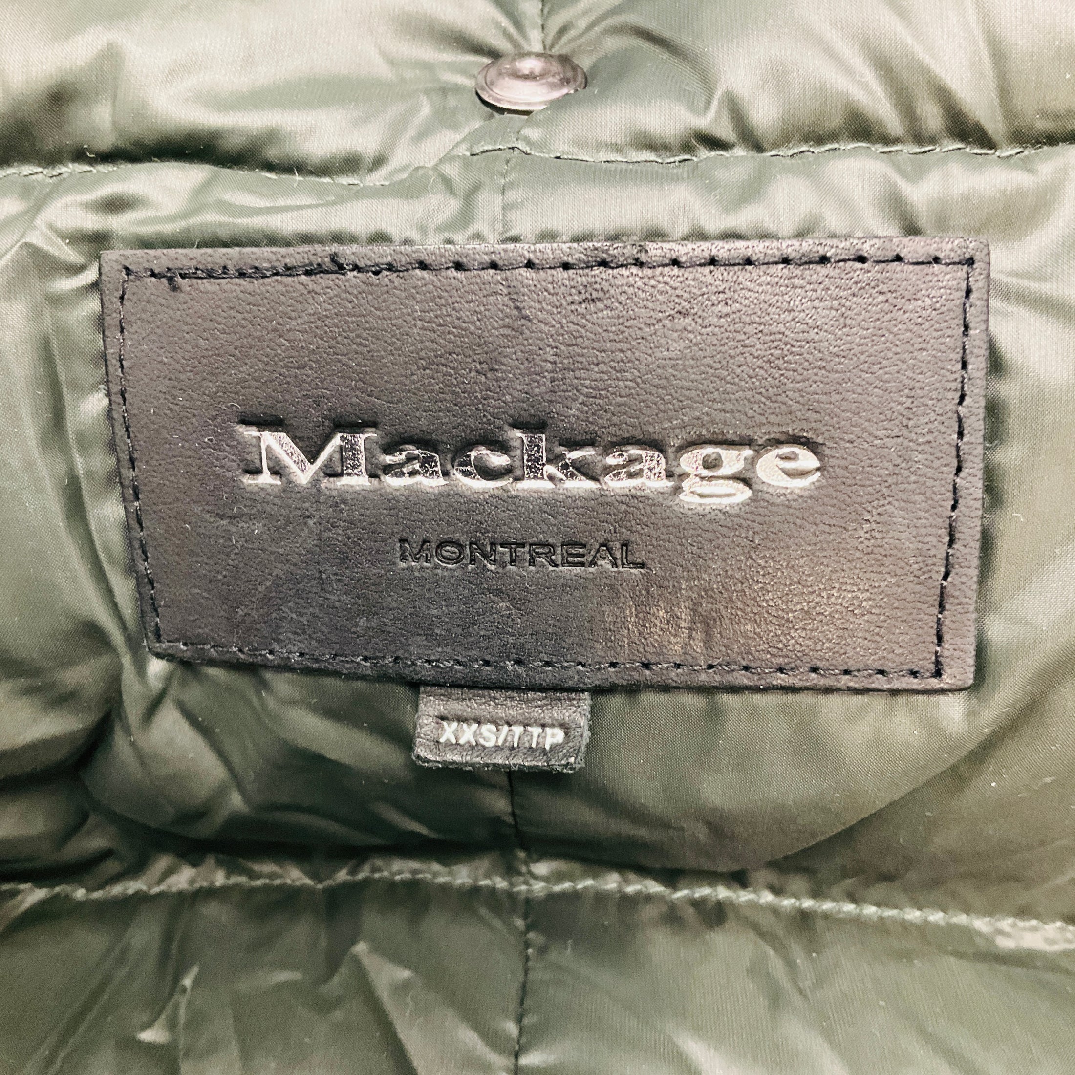 Mackage Olive Green / Black Leather Trimmed Quilted Down Puffer Jacket