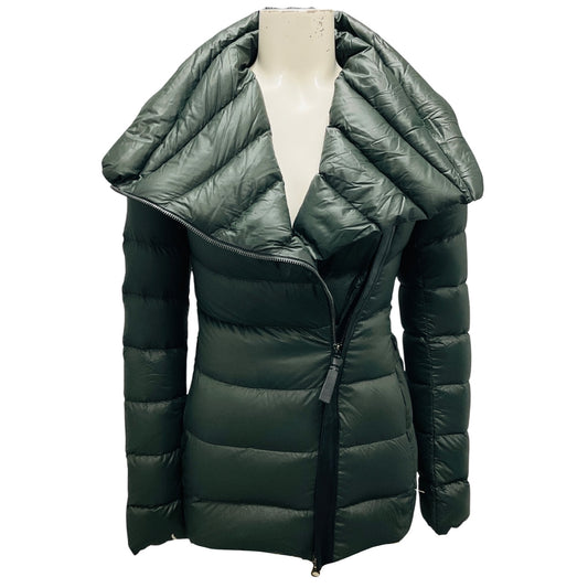 Mackage Olive Green / Black Leather Trimmed Quilted Down Puffer Jacket