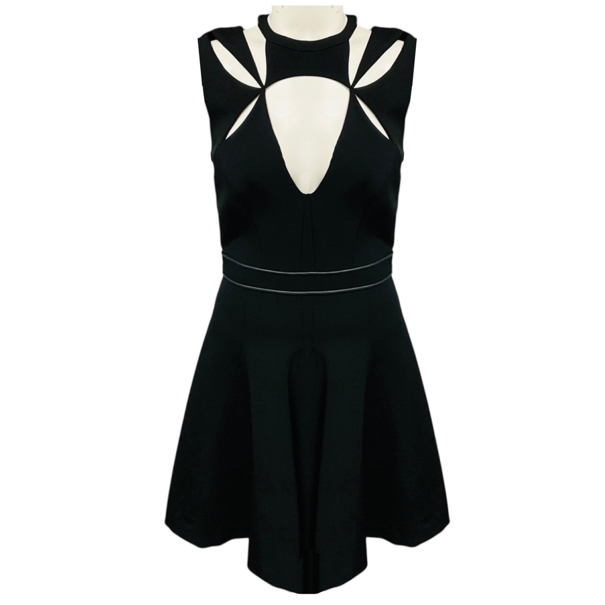 J. Mendel Black Cut Out Detail Nylon Stretch Sleeveless Flared Dress with Lamb Leather Trim