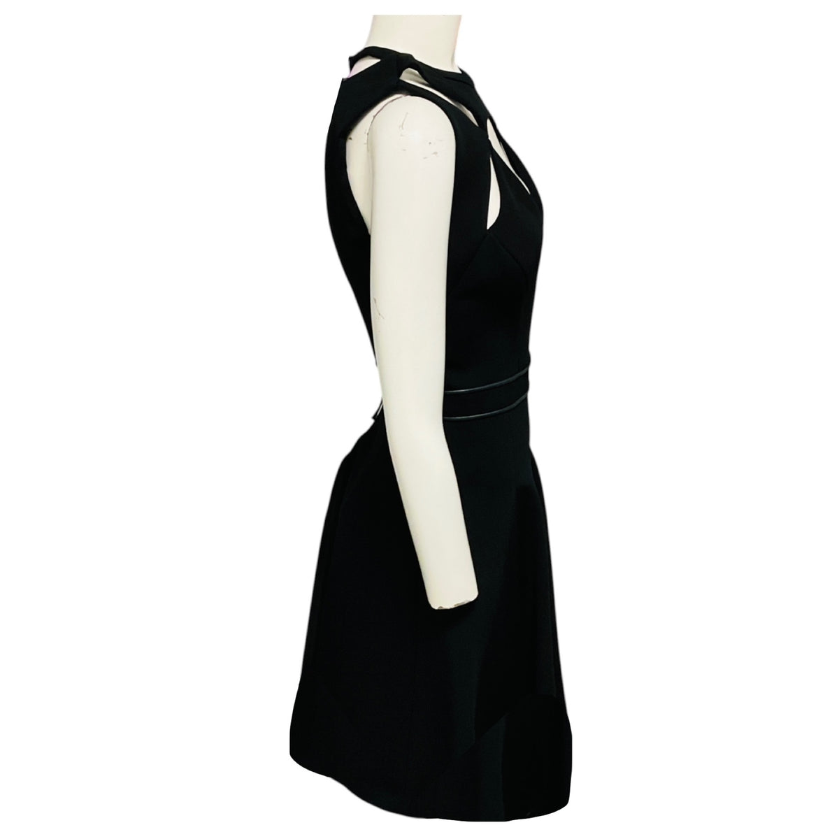 J. Mendel Black Cut Out Detail Nylon Stretch Sleeveless Flared Dress with Lamb Leather Trim