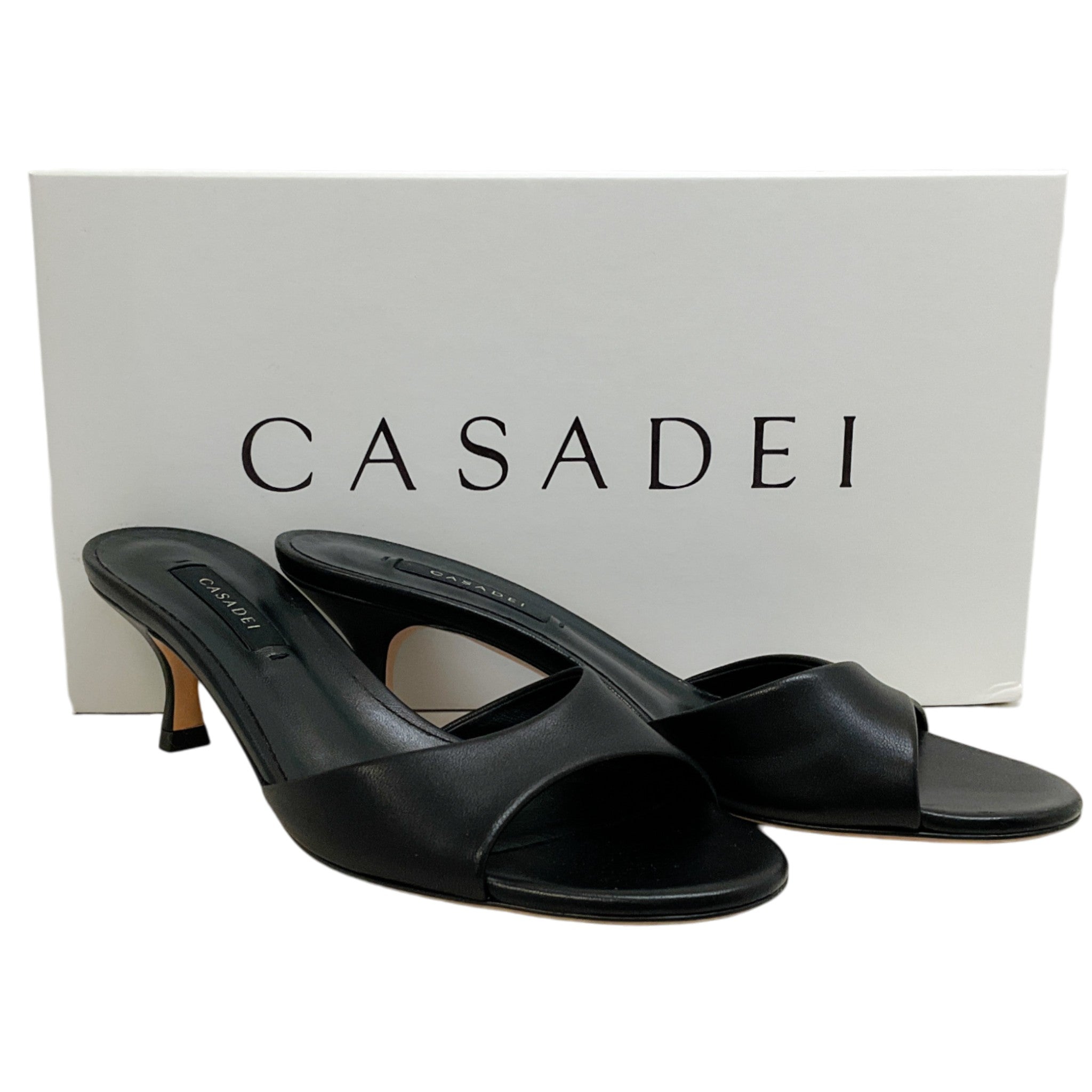 Casadei Black Leather Minorca Kitten Heel Sandals