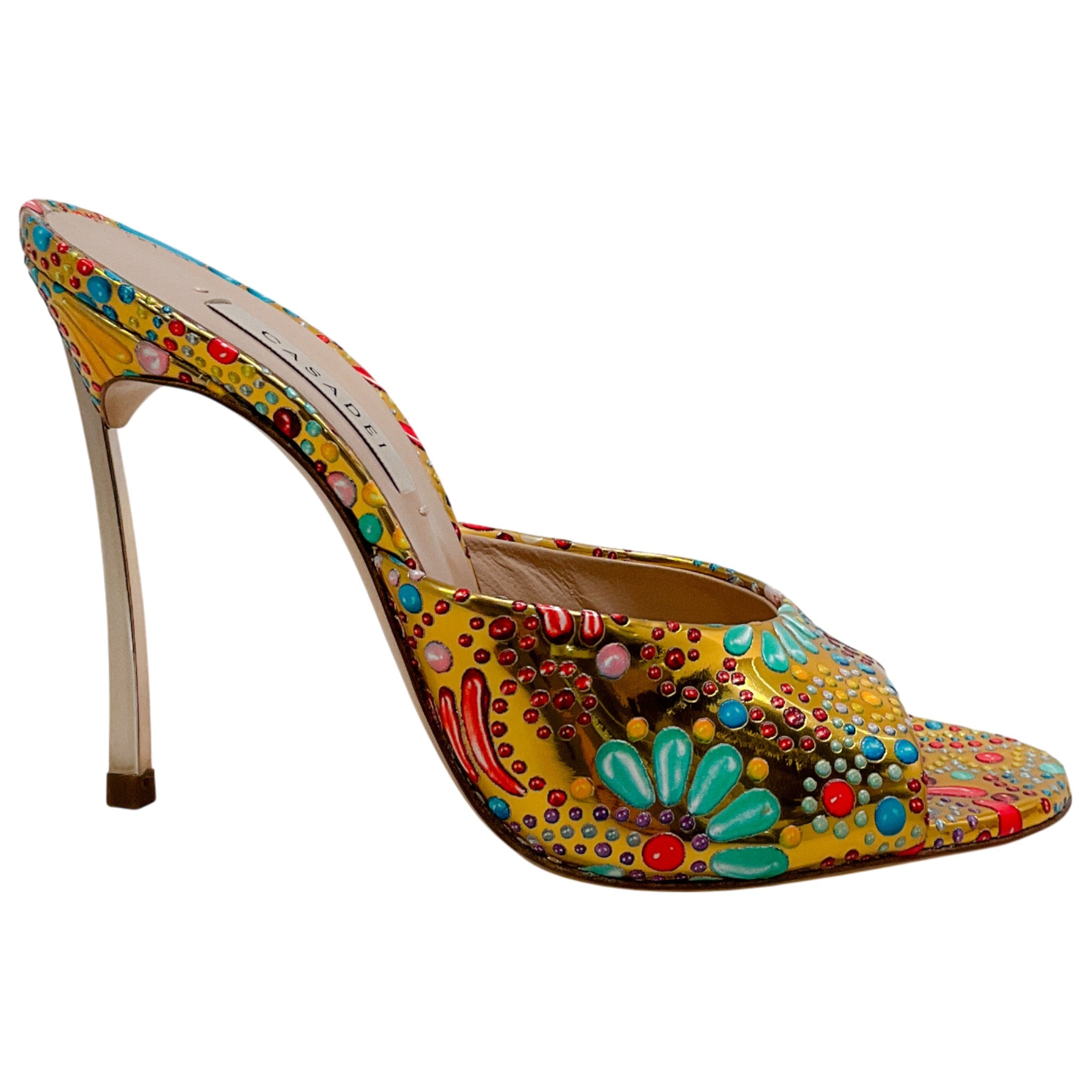 Casadei Gold Painted Nuggets Slide Sandals