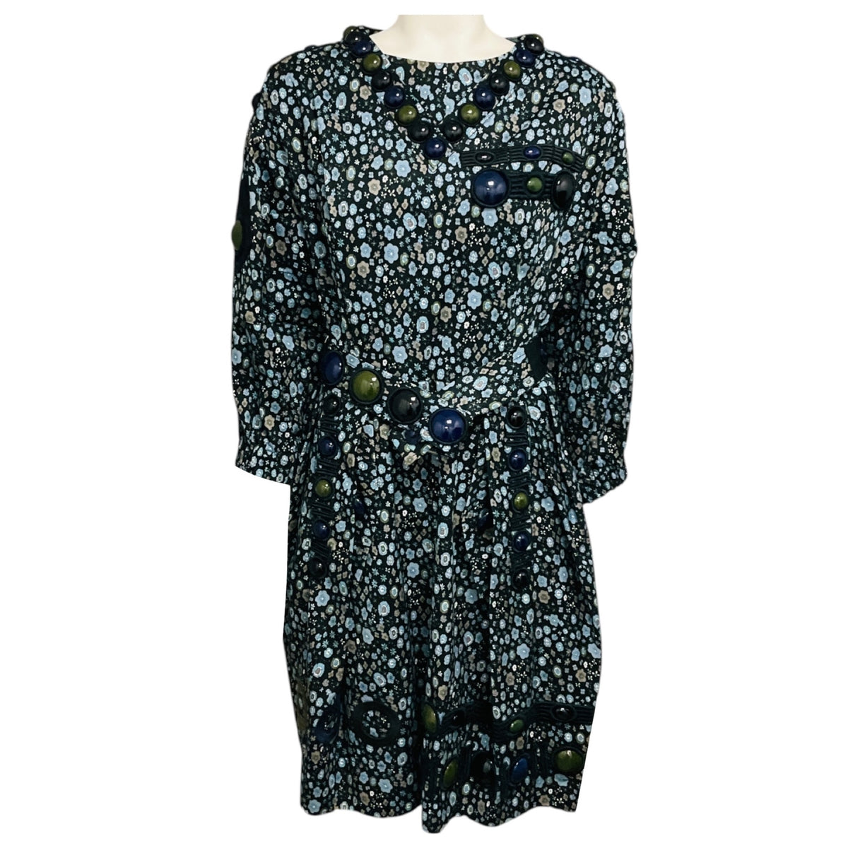 Marc Jacobs Navy Blue Multi Stone Embellished Floral Cotton Dress with Belt