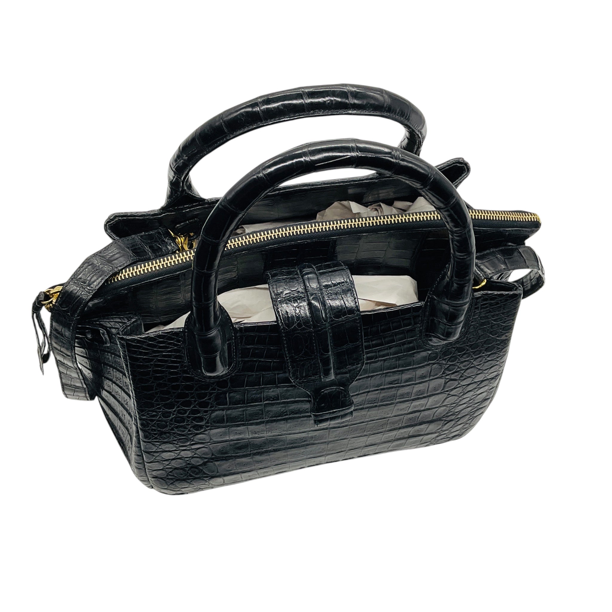 Nancy Gonzalez Black Genuine Crocodile Double Top Handle Satchel Handbag
