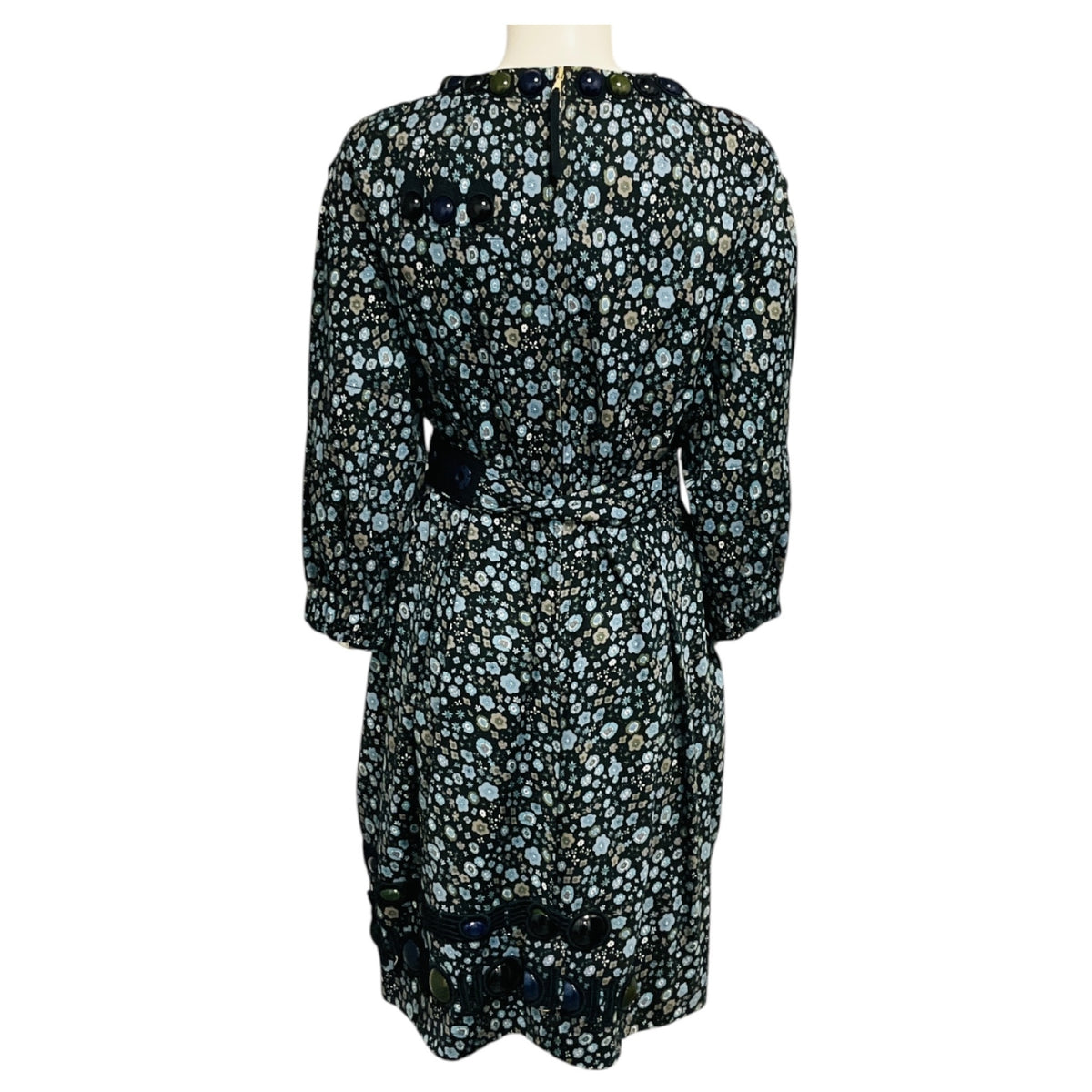 Marc Jacobs Navy Blue Multi Stone Embellished Floral Cotton Dress with Belt