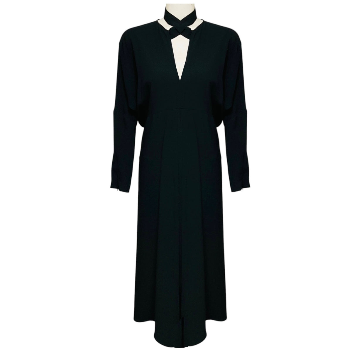 Victoria Beckham Black Long Sleeved V-Neck Crepe Midi Dress with Tie Neck