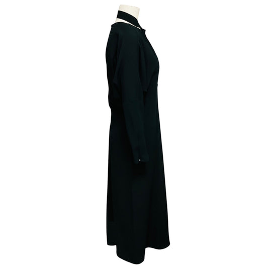 Victoria Beckham Black Long Sleeved V-Neck Crepe Midi Dress with Tie Neck
