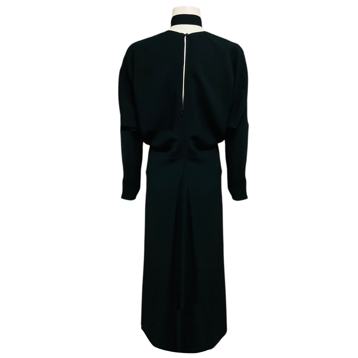 Victoria Beckham Black Long Sleeved V-Neck Crepe Midi Dress with Tie Neck