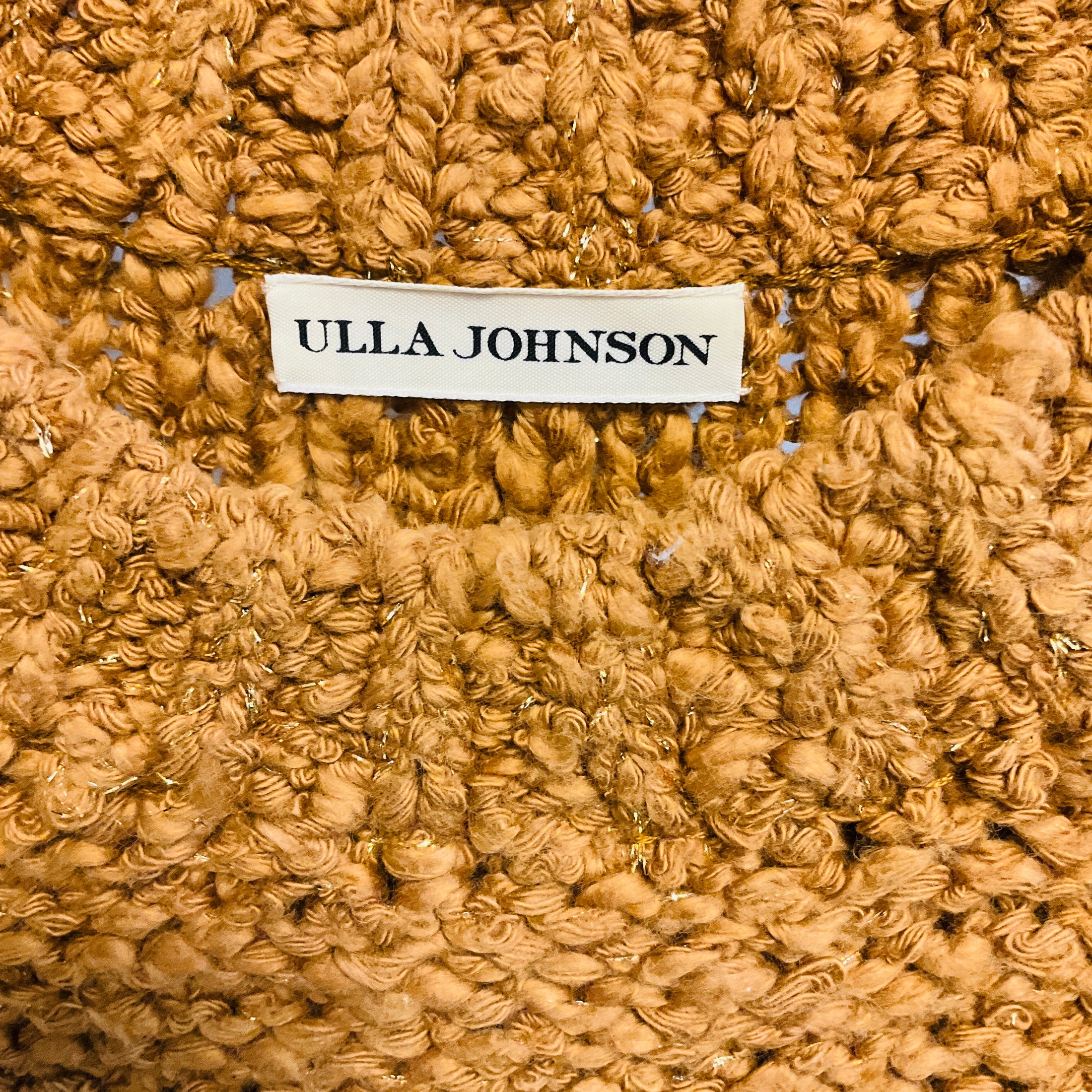 Ulla Johnson Tan / Gold Metallic Cotton and Lurex Chunky Knit Short Sleeved Sweater