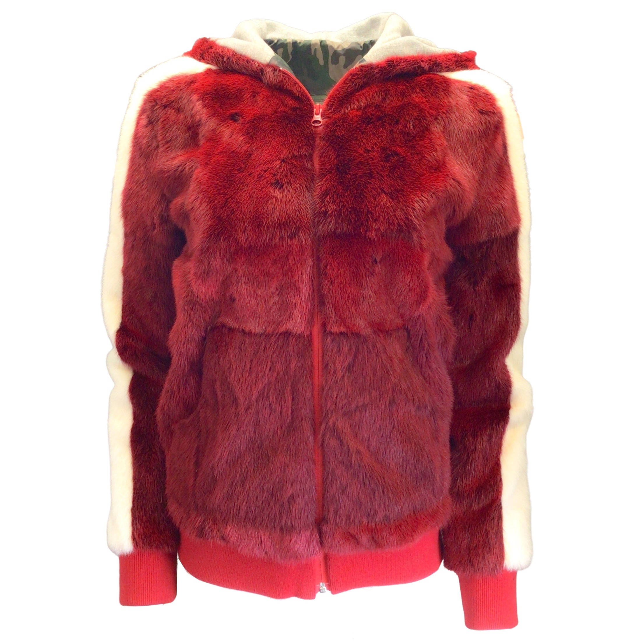 Mr & Mrs Italy Red / Ivory / Green Camo Lined Hooded Full Zip Mink Fur Jacket