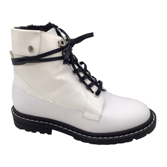 Jimmy Choo White / Black Shearling Lined Lace-Up Leather and Patent Leather Boots