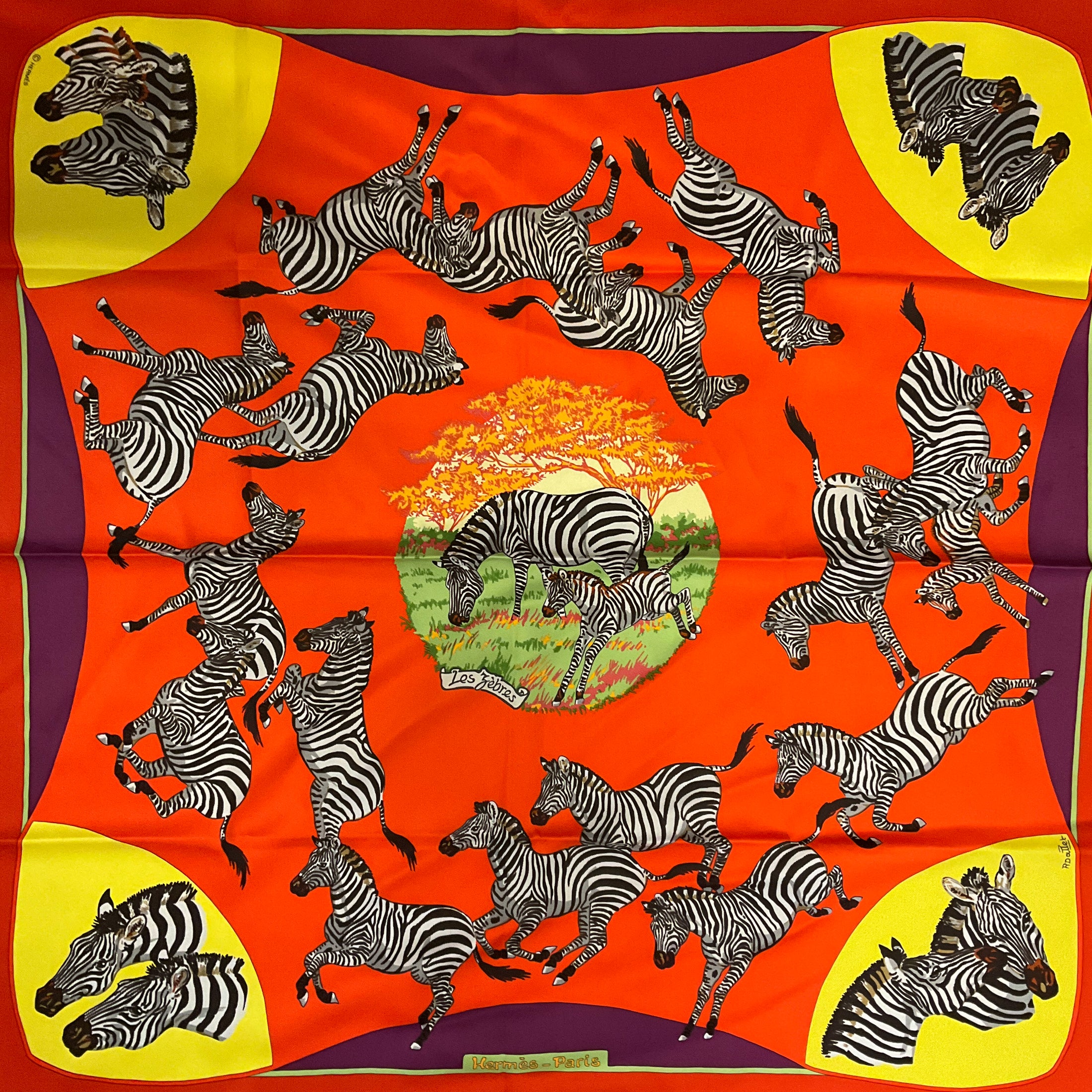 Hermes Orange Multi Les Zebres Print Square Silk Twill Scarf