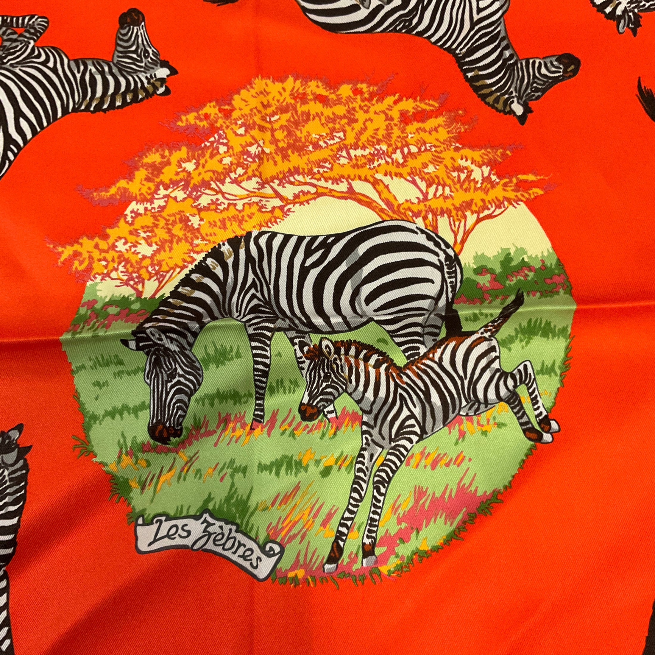 Hermes Orange Multi Les Zebres Print Square Silk Twill Scarf