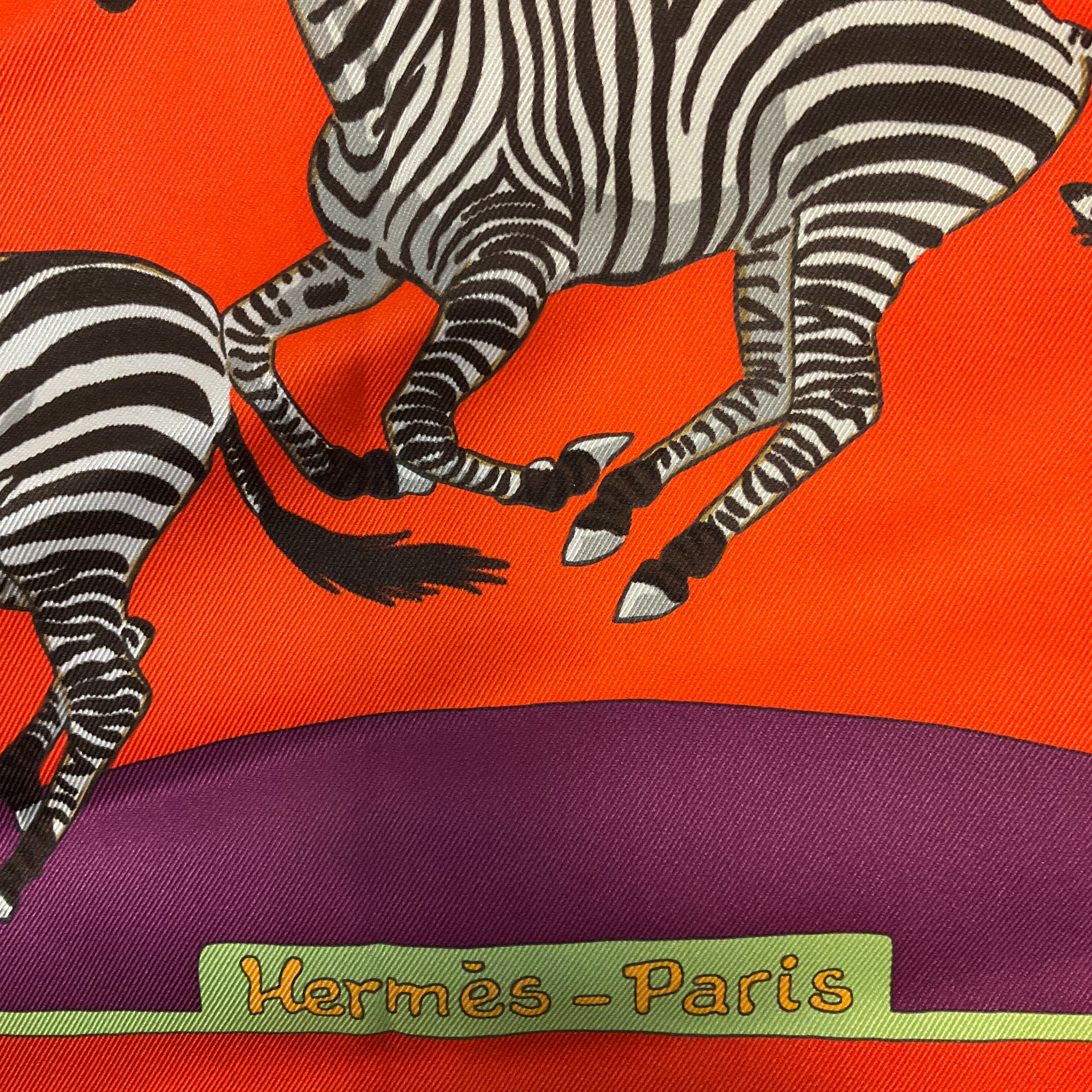 Hermes Orange Multi Les Zebres Print Square Silk Twill Scarf