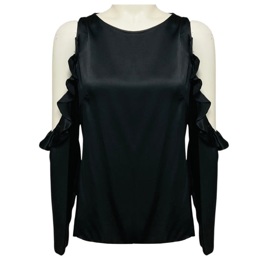 Cushnie et Ochs Black Silk Charmeuse Ruffle Cold Shoulder Top