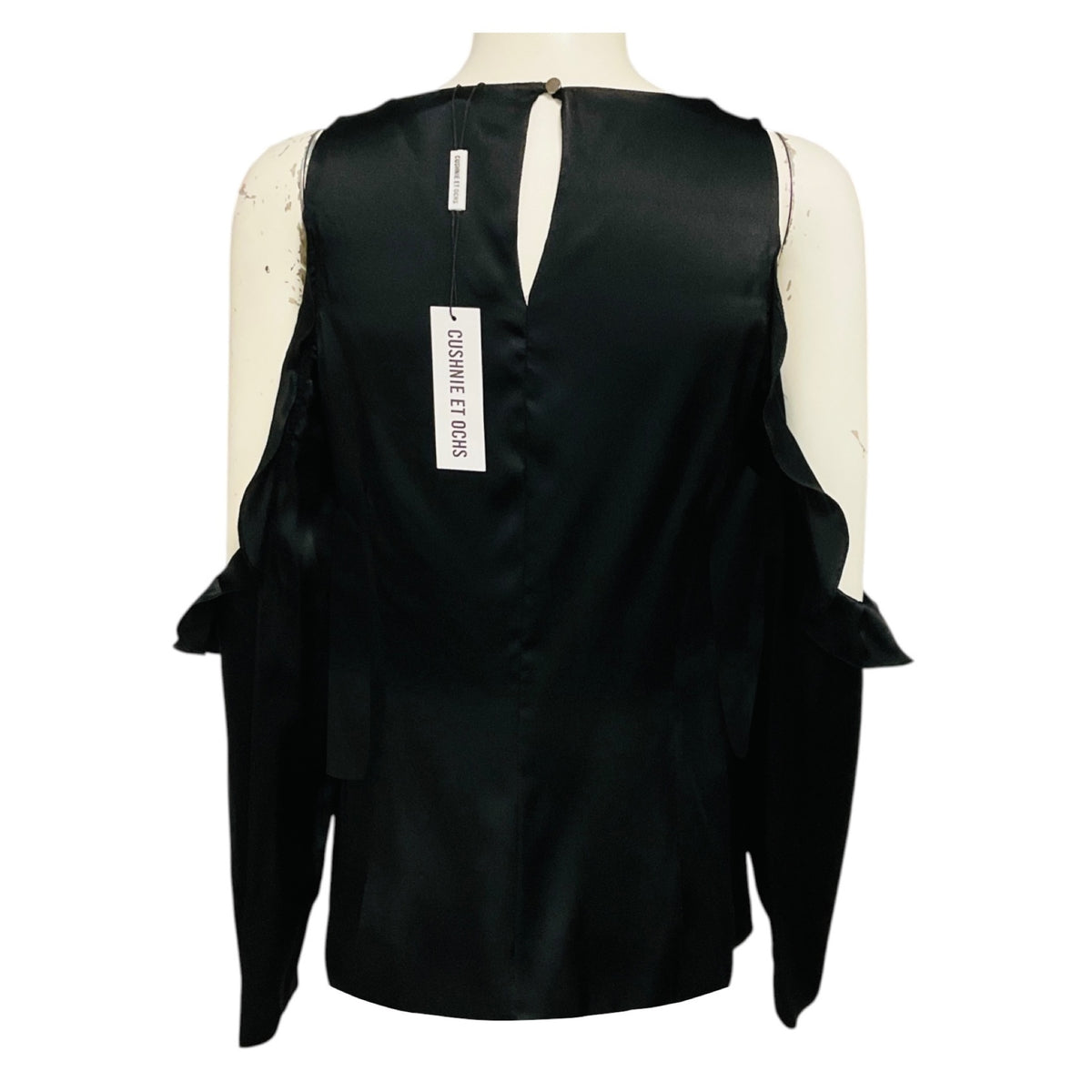 Cushnie et Ochs Black Silk Charmeuse Ruffle Cold Shoulder Top