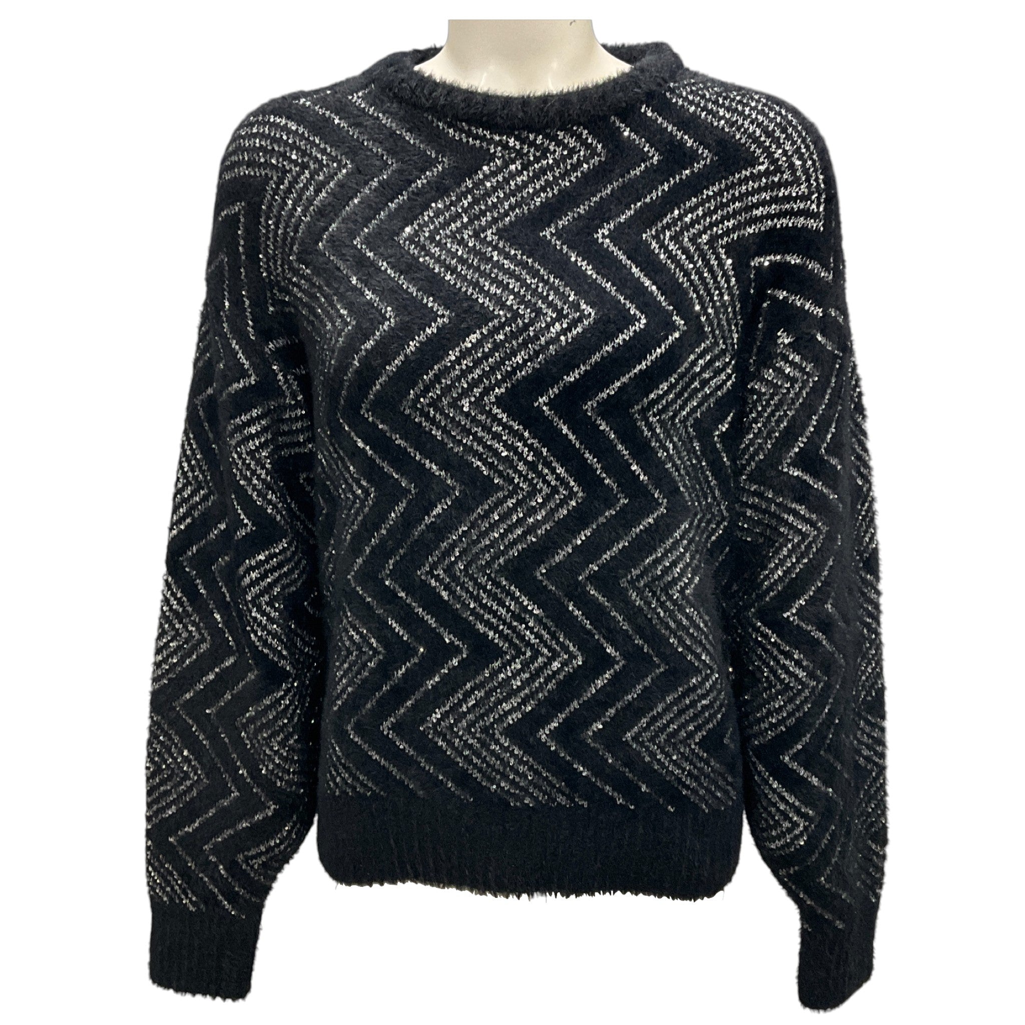 Missoni Black / Silver 2024 Sequined Zig Zag Knit Crewneck Sweater