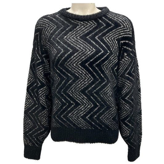 Missoni Black / Silver 2024 Sequined Zig Zag Knit Crewneck Sweater