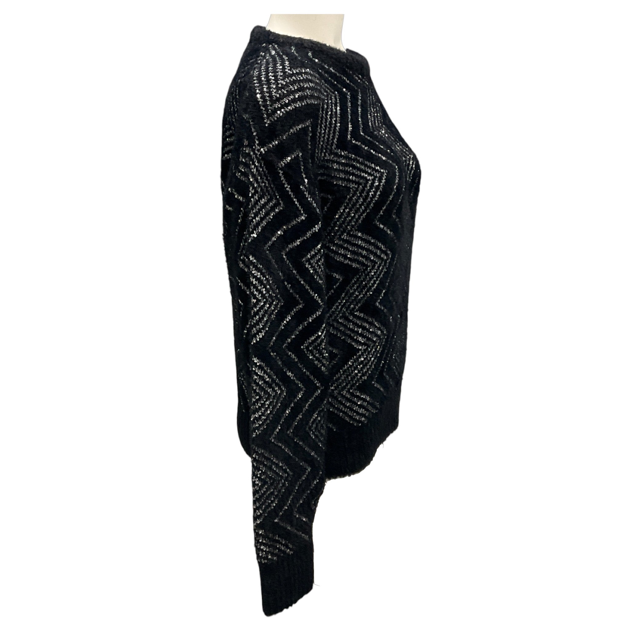Missoni Black / Silver 2024 Sequined Zig Zag Knit Crewneck Sweater