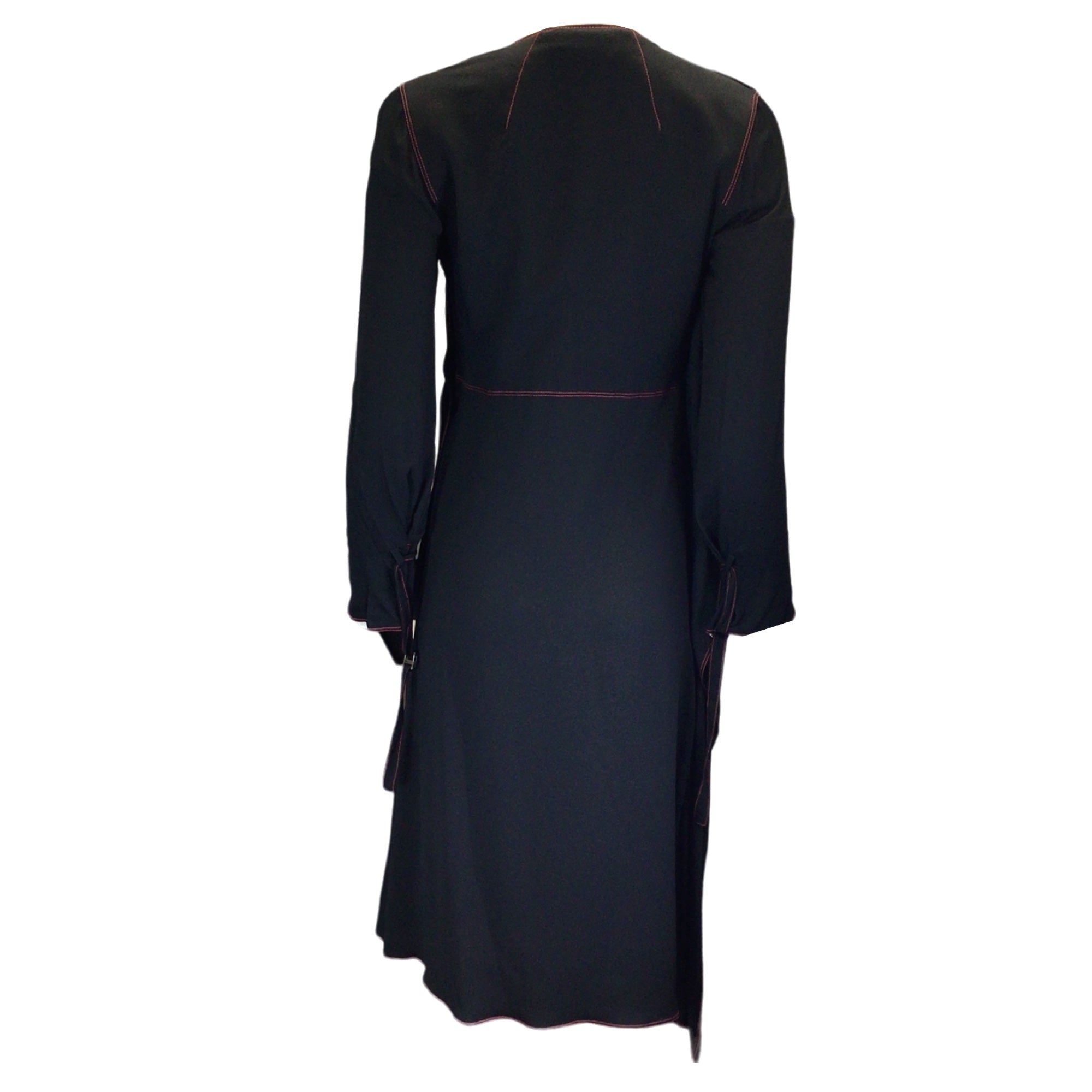 Sies Marjan Black / Red Contrast Stitching Long Sleeved Silk Crepe Midi Dress