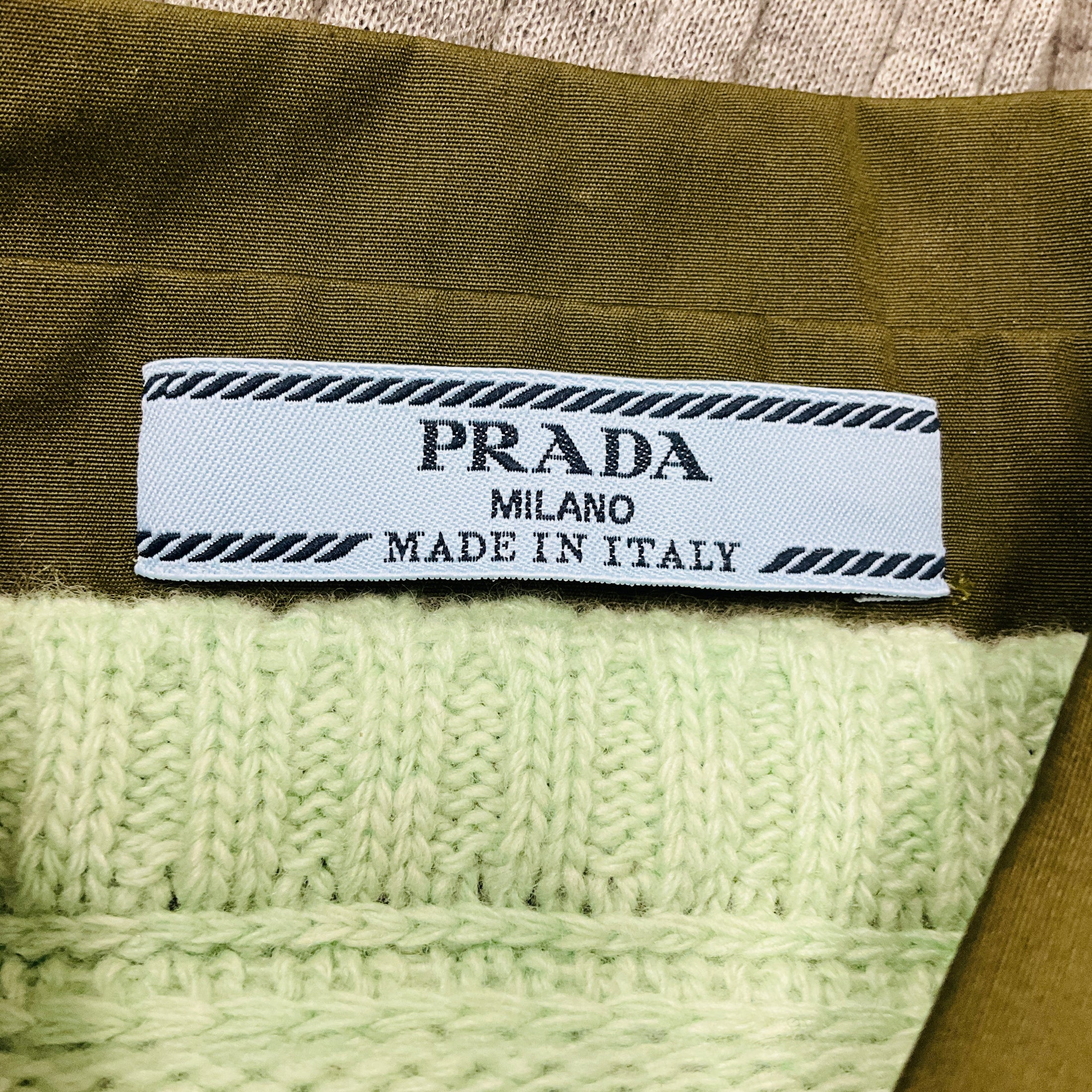Prada Grey / Green Collar Fine Knit Cardigan Sweater
