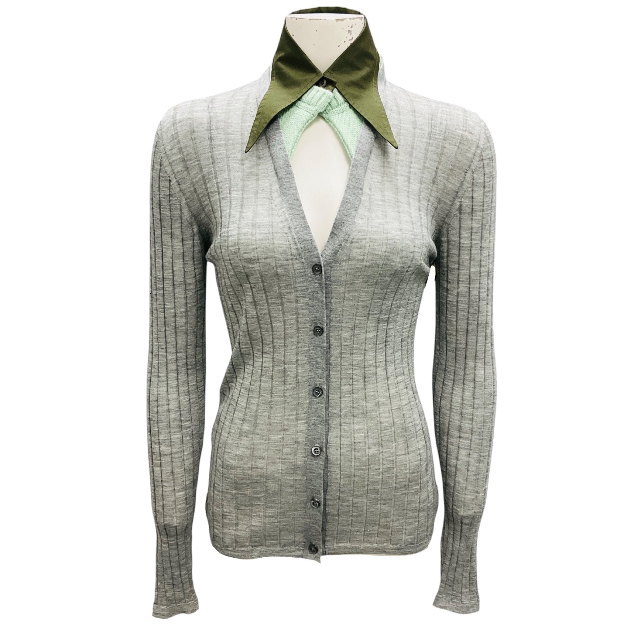 Prada Grey / Green Collar Fine Knit Cardigan Sweater