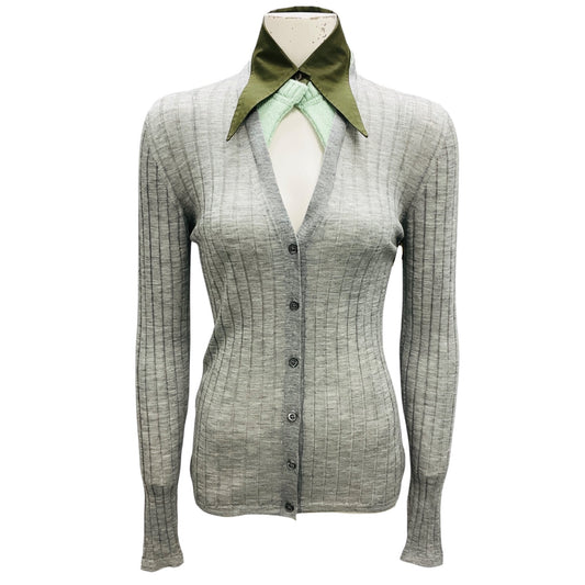 Prada Grey / Green Collar Fine Knit Cardigan Sweater
