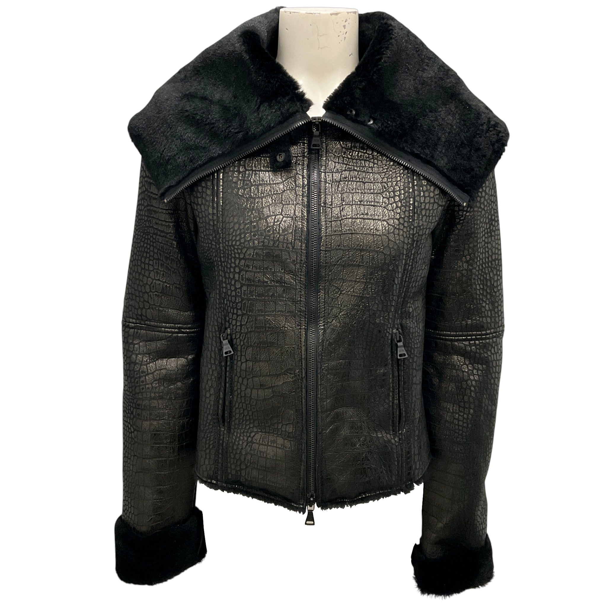Alice + Olivia Black Embossed Shearling Moto Zip Jacket