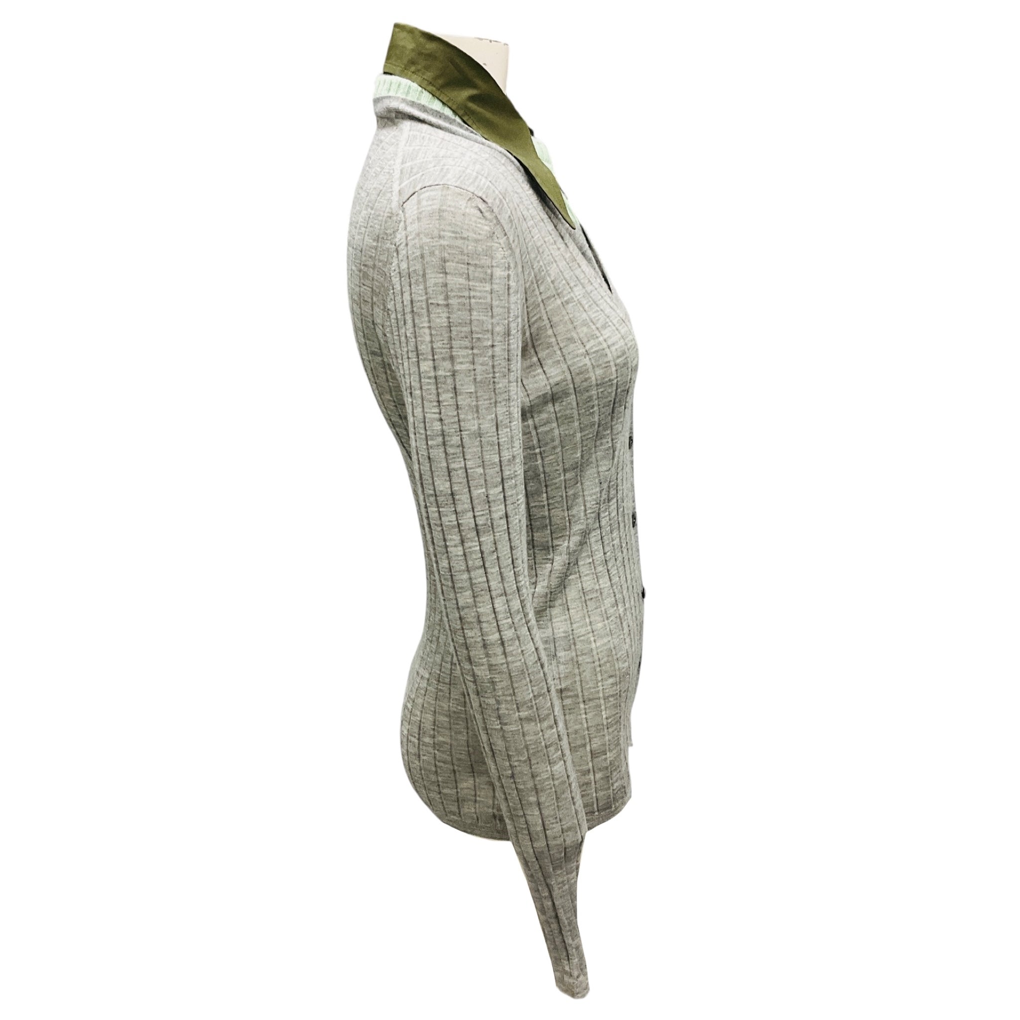 Prada Grey / Green Collar Fine Knit Cardigan Sweater