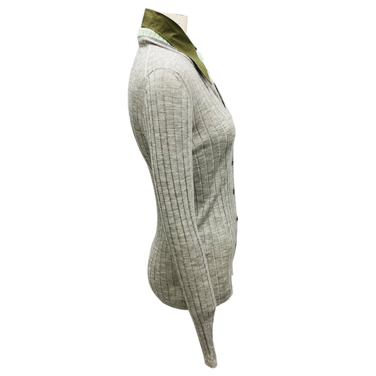 Prada Grey / Green Collar Fine Knit Cardigan Sweater
